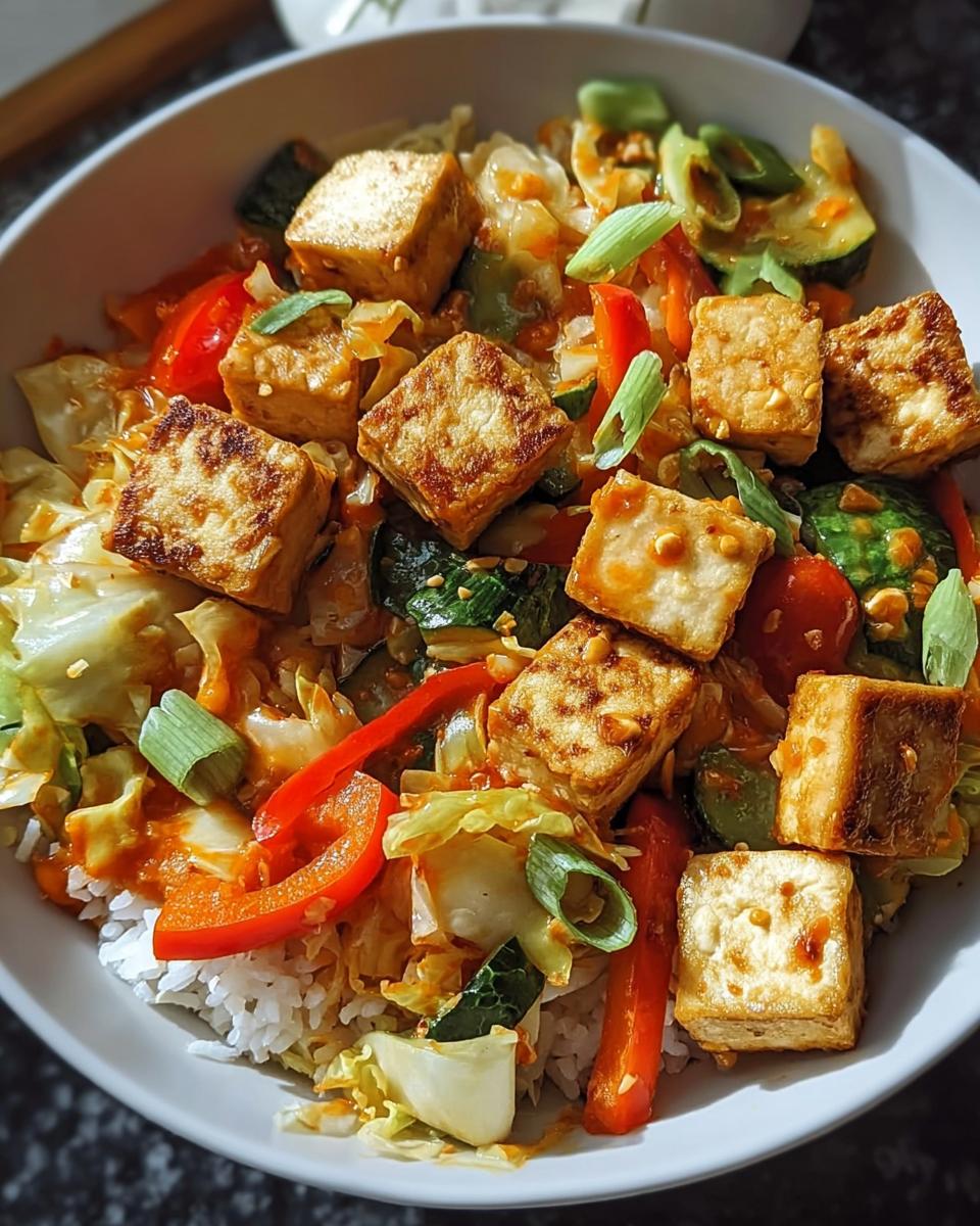 Nahaufnahme einer Tofu Sweet-Chili-Pfanne mit Gemüse, serviert über Reis in einer weißen Schüssel.