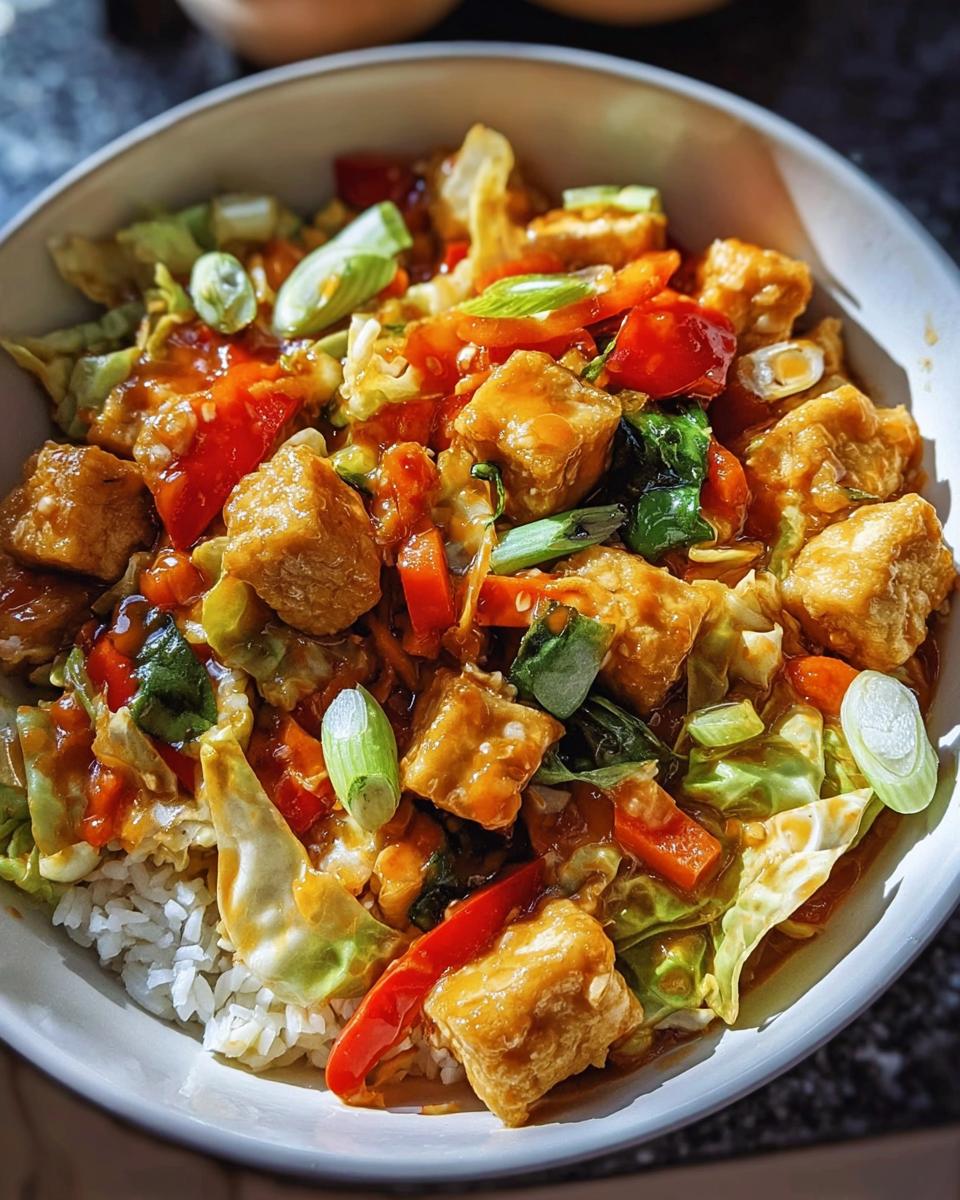 Nahaufnahme einer Schüssel mit Tofu Sweet-Chili-Pfanne mit Gemüse über Reis, garniert mit Frühlingszwiebeln.