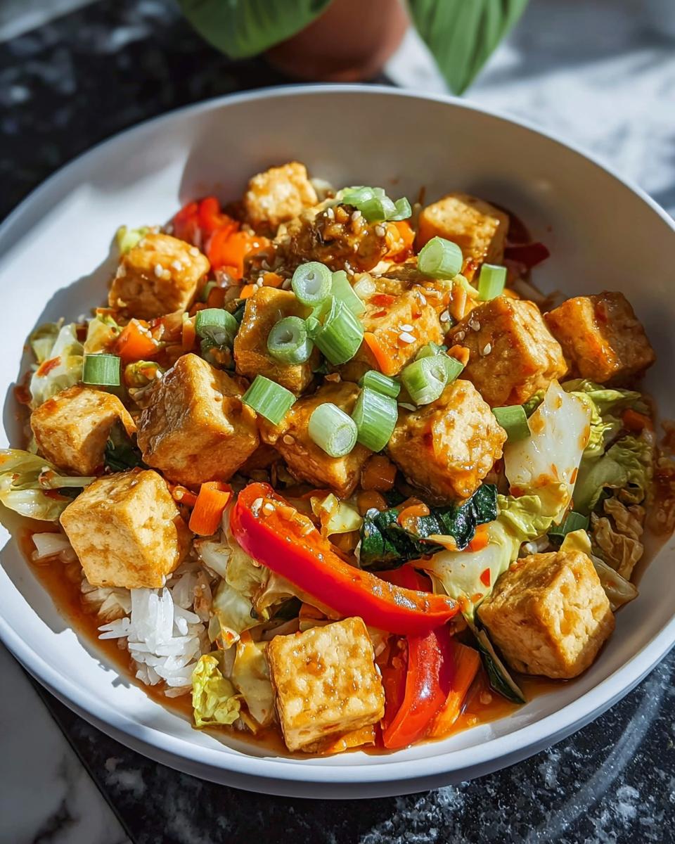 Nahaufnahme einer Tofu Sweet-Chili-Pfanne mit Gemüse, Reis und Frühlingszwiebeln in einer weißen Schüssel.