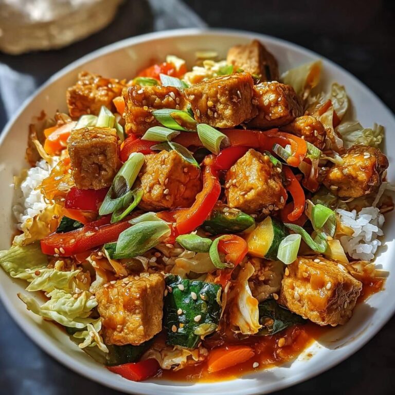 Nahaufnahme einer Tofu Sweet-Chili-Pfanne mit Gemüse und Reis, garniert mit Frühlingszwiebeln und Sesam.