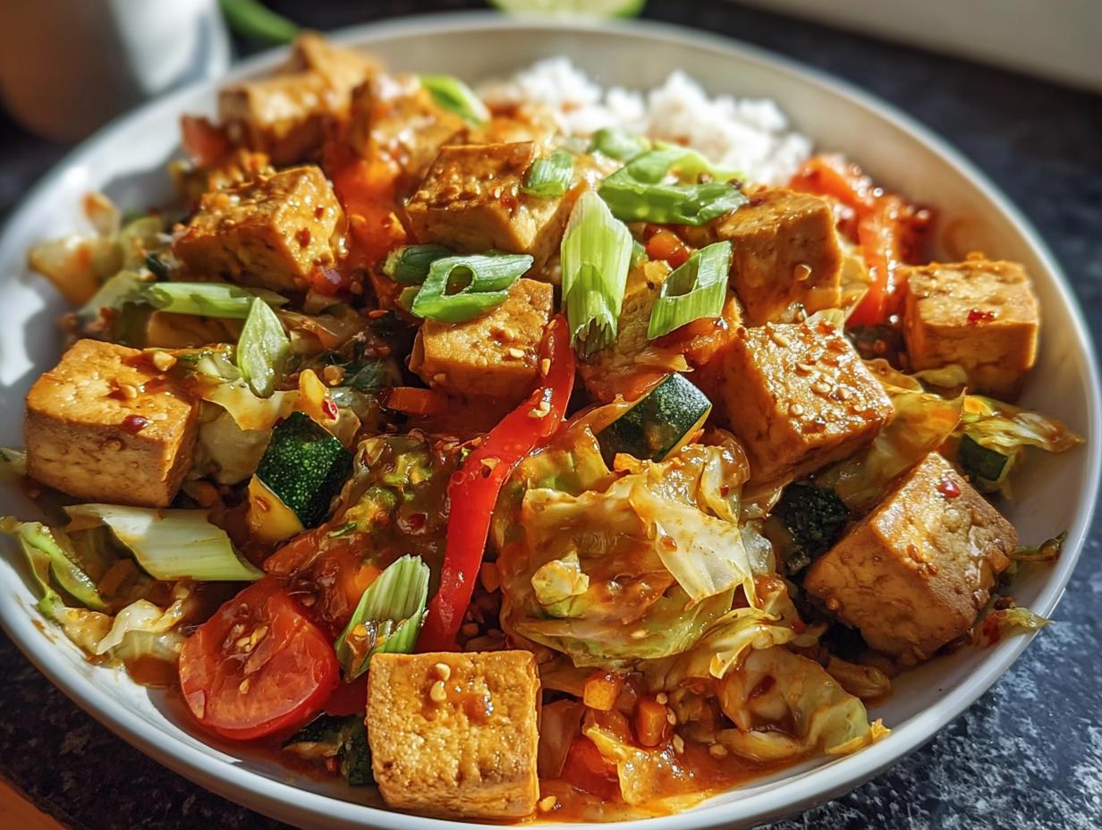 Nahaufnahme einer Tofu Sweet-Chili-Pfanne mit Gemüse und Reis, garniert mit Frühlingszwiebeln.