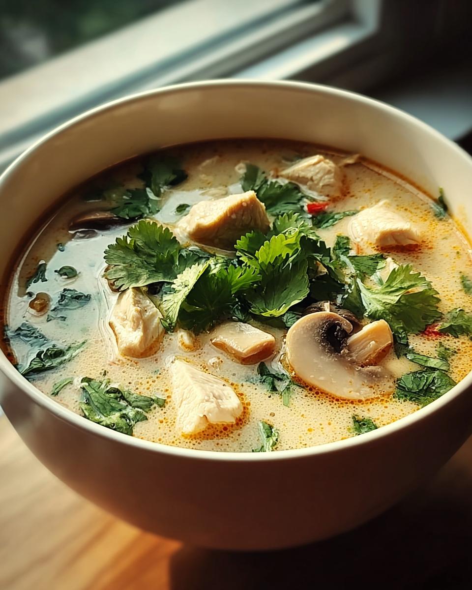 Nahaufnahme einer Schüssel mit cremiger Tom Kha Gai (Kokos-Hühnersuppe), belegt mit Hähnchenstücken, Pilzen und Koriander.