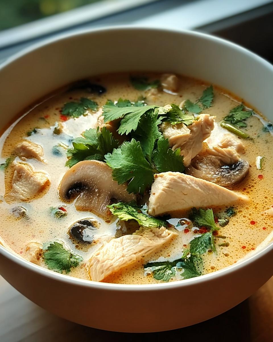 Nahaufnahme einer cremigen Schüssel Tom Kha Gai (Kokos-Hühnersuppe) mit Hähnchenstücken, Pilzen und Koriander.