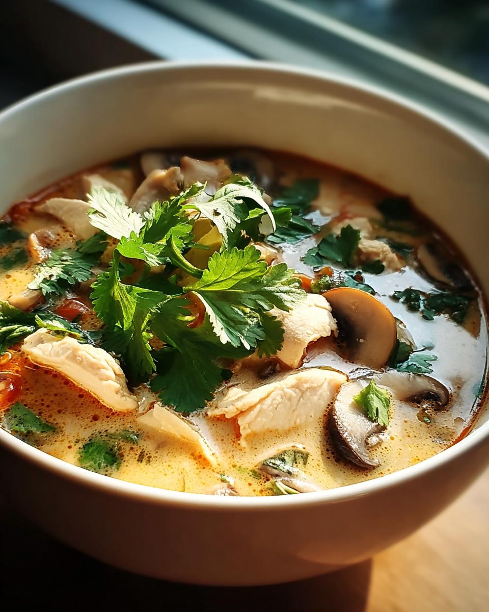 Nahaufnahme einer cremigen Schüssel Tom Kha Gai (Kokos-Hühnersuppe) mit Hühnchenstücken, Pilzen und frischem Koriander.