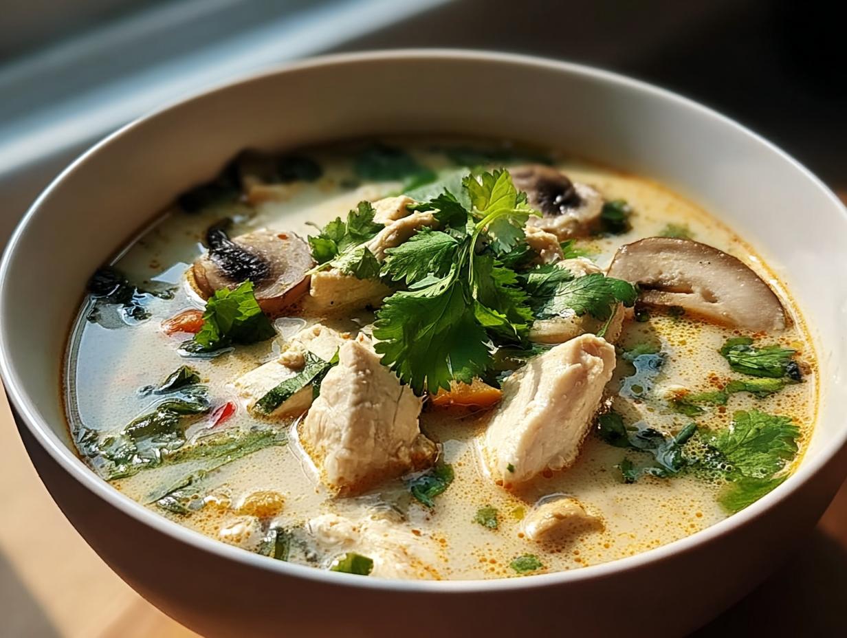 Nahaufnahme einer cremigen Schüssel Tom Kha Gai (Kokos-Hühnersuppe) mit Hühnchenstücken, Pilzen und frischem Koriander.