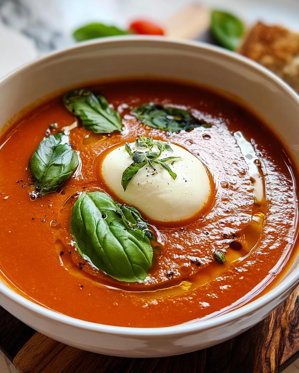Nahaufnahme einer leuchtend roten Tomatensuppe mit Basilikum & Mozzarella, beträufelt mit Öl.