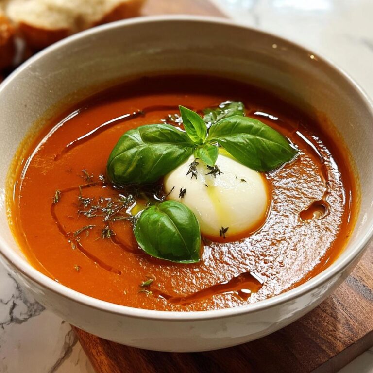 Nahaufnahme einer leuchtend roten Tomatensuppe mit Basilikum & Mozzarella, beträufelt mit Öl.