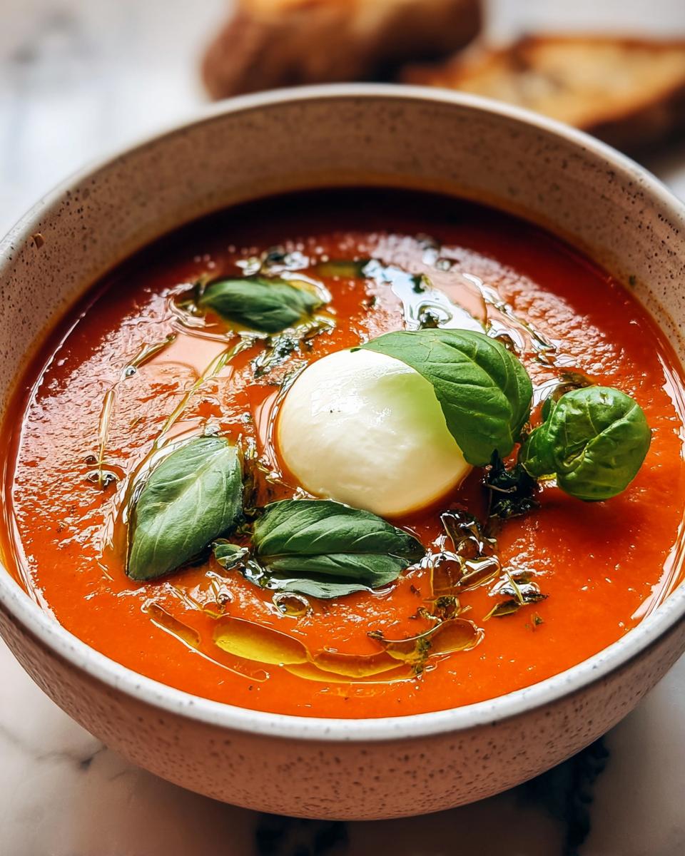 Nahaufnahme einer leuchtend roten Tomatensuppe mit Basilikum & Mozzarella, beträufelt mit Olivenöl.