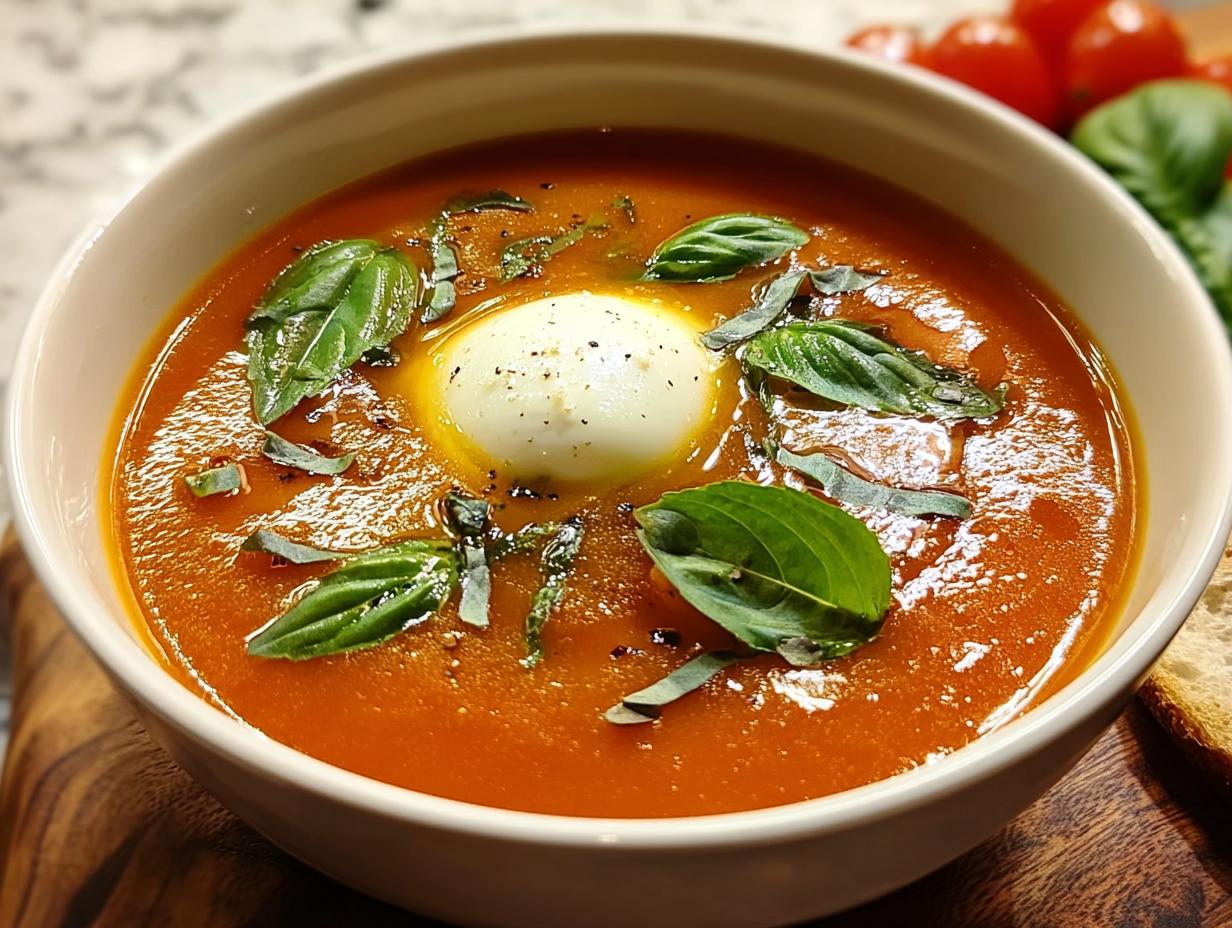 Nahaufnahme einer Schüssel Tomatensuppe mit Basilikum & Mozzarella, garniert mit frischen Basilikumblättern.