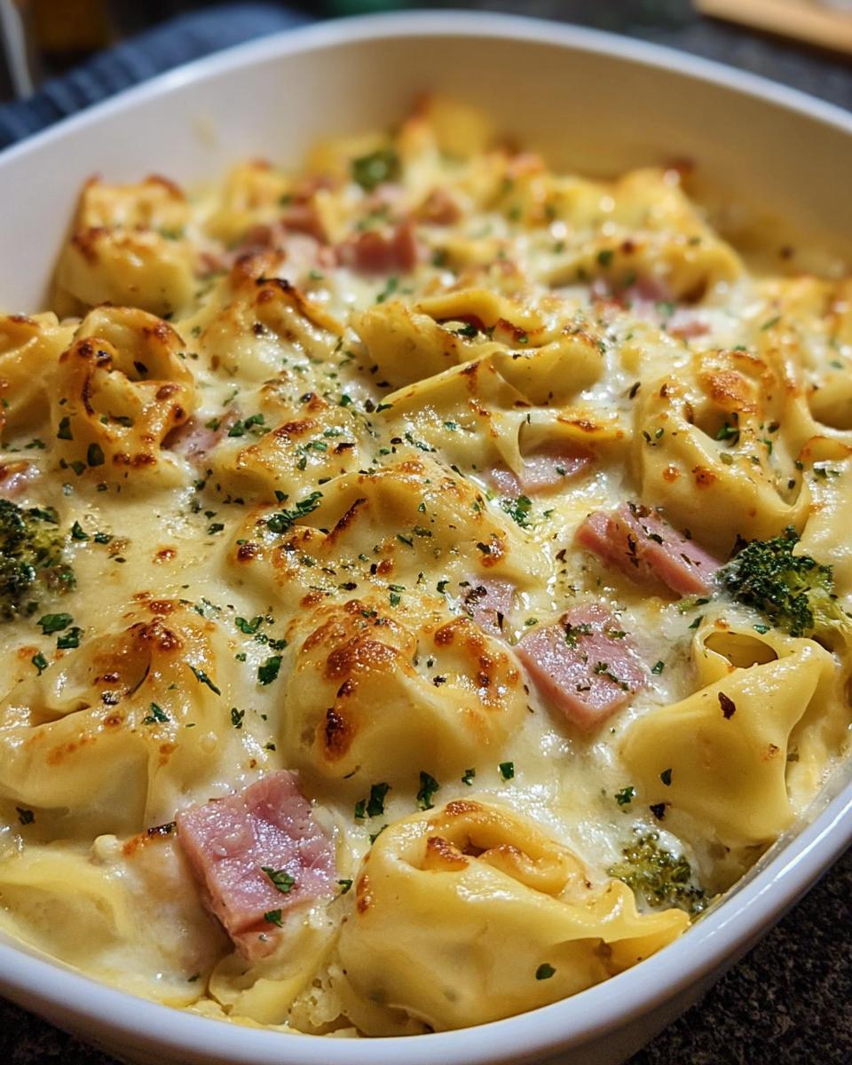 Nahaufnahme eines frisch gebackenen Tortellini-Auflauf mit Schinken & Käse, bedeckt mit geschmolzenem Käse und Petersilie.