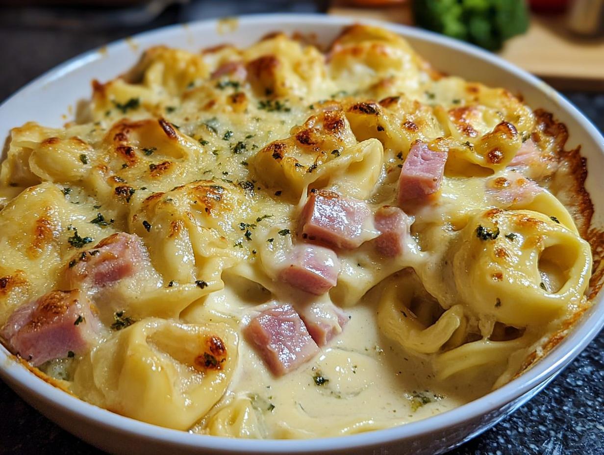 Nahaufnahme eines gebackenen Tortellini-Auflauf mit Schinken und Käse, goldbraun überbacken.