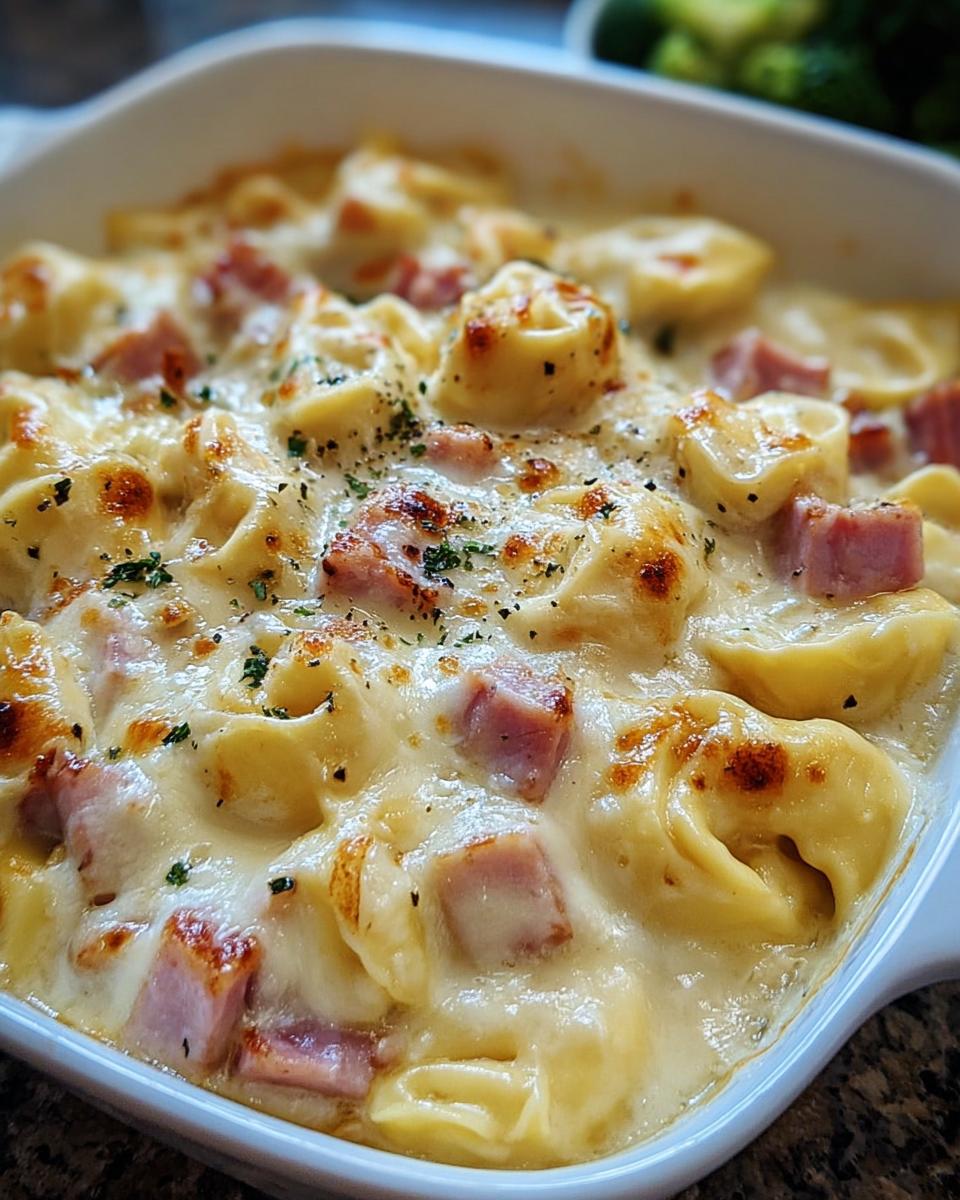 Nahaufnahme eines cremigen Tortellini-Auflauf mit Schinken & Käse, überbacken mit goldbraunem Käse.