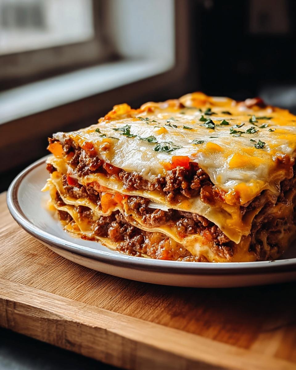 Ein hoher, geschichteter Anschnitt von Tortilla-Ofenauflauf mit Hackfleisch und geschmolzenem Käse.
