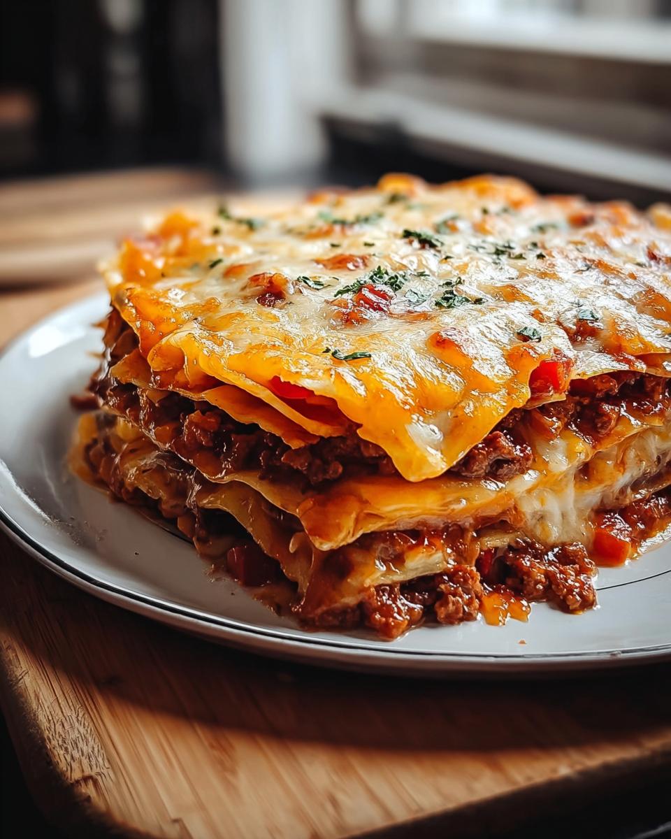 Ein saftiger Anschnitt vom Tortilla-Ofenauflauf mit Salsa & Käse, bedeckt mit geschmolzenem Käse.