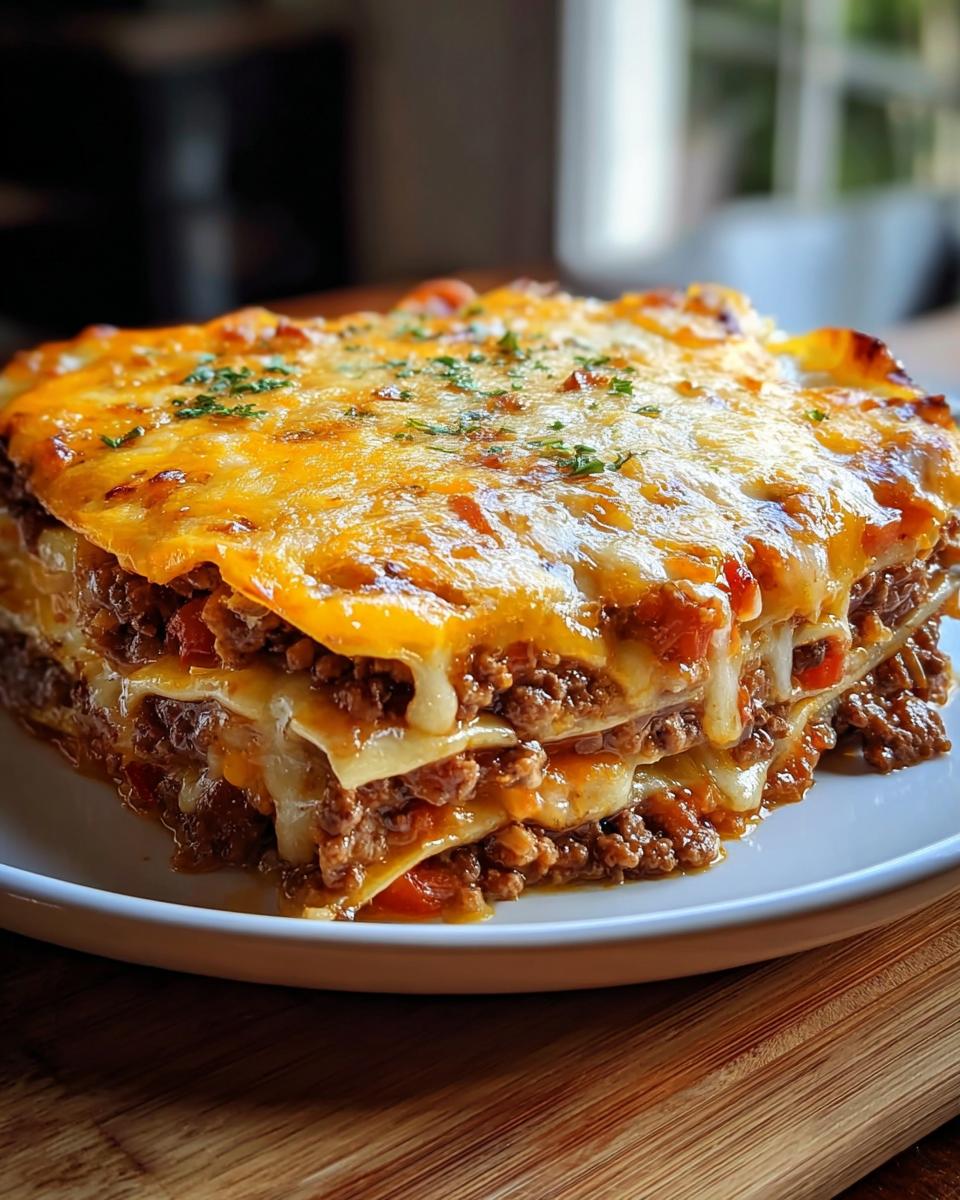 Ein reichhaltiger Anschnitt des Tortilla-Ofenauflauf mit Salsa & Käse, bedeckt mit geschmolzenem Käse.