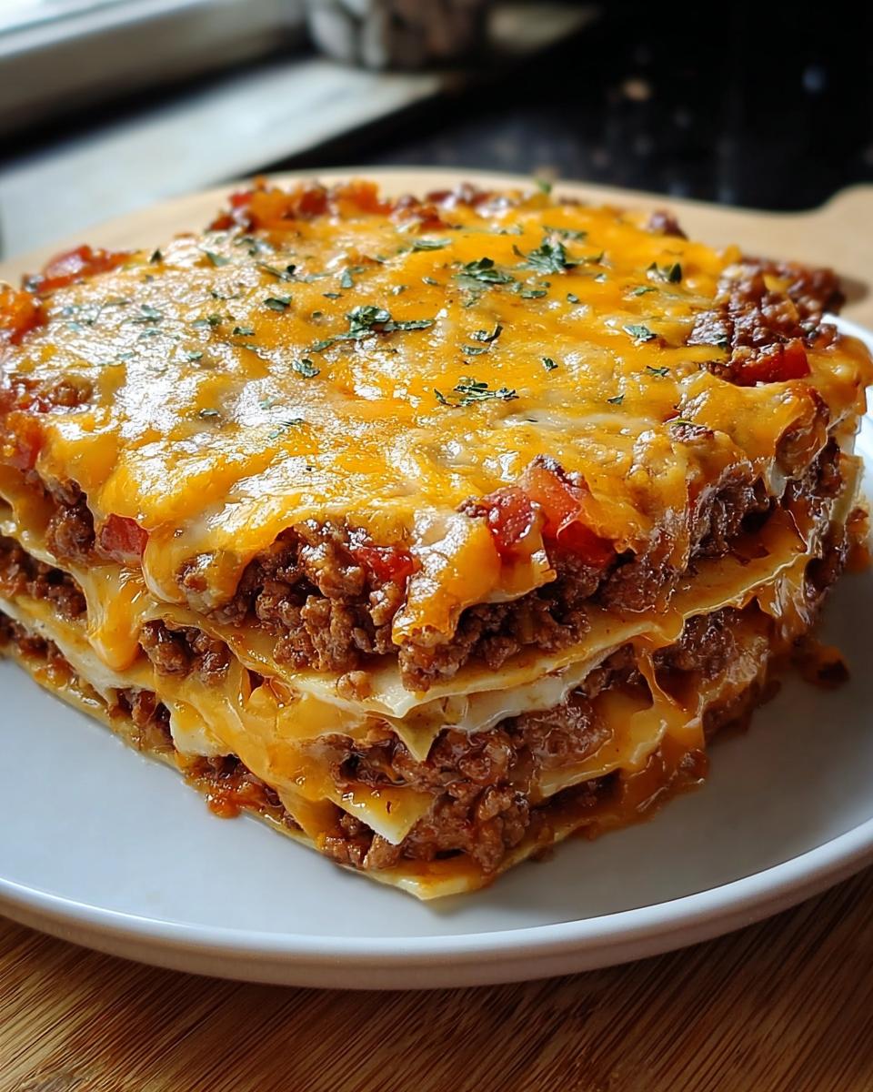 Ein Stück geschichteter Tortilla-Ofenauflauf mit Hackfleisch und geschmolzenem Käse.