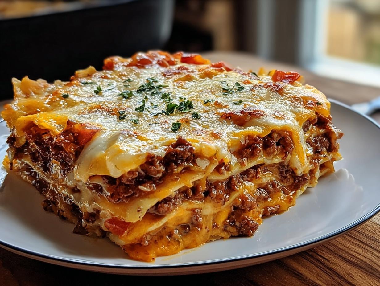 Ein großes, geschichtetes Stück Tortilla-Ofenauflauf mit Hackfleischfüllung und geschmolzenem Käse.