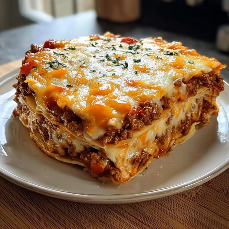 Ein großes, geschichtetes Stück Tortilla-Ofenauflauf mit Hackfleischfüllung und geschmolzenem Käse.