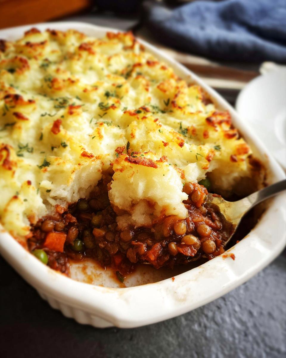 Ein Löffel hebt eine Portion des Vegetarischer Shepherd’s Pie mit Linsen hervor, mit goldbraun gebackener Kartoffelhaube.