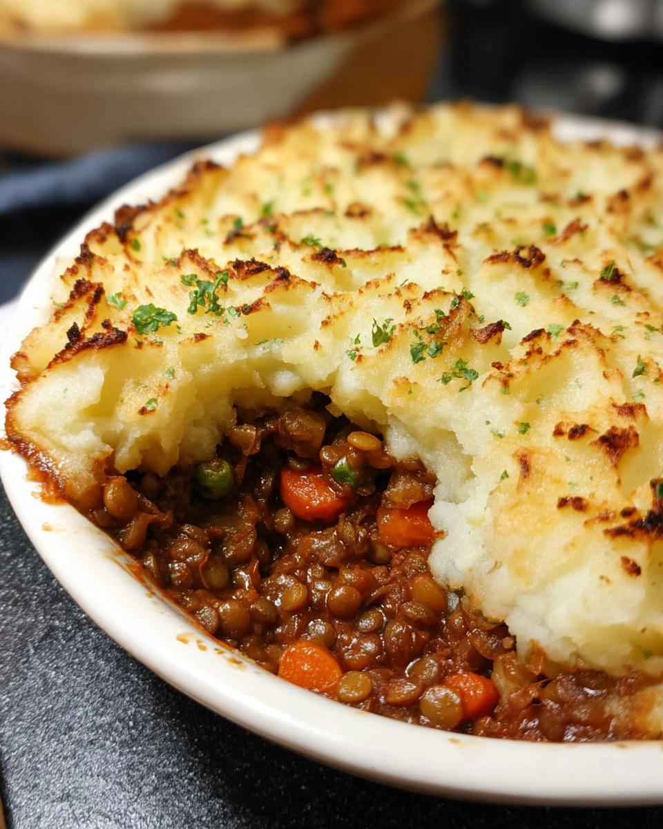 Nahaufnahme eines Vegetarischer Shepherd’s Pie mit Linsen, bei dem ein Stück der goldbraunen Kartoffelhaube entfernt wurde, um die Linsenfüllung zu zeigen.