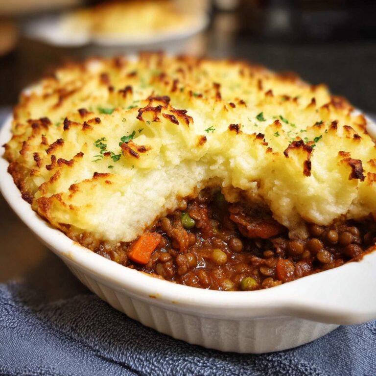 Nahaufnahme eines gebackenen Vegetarischer Shepherd’s Pie mit Linsen, mit goldbrauner Kartoffelhaube und herzhafter Linsenfüllung.