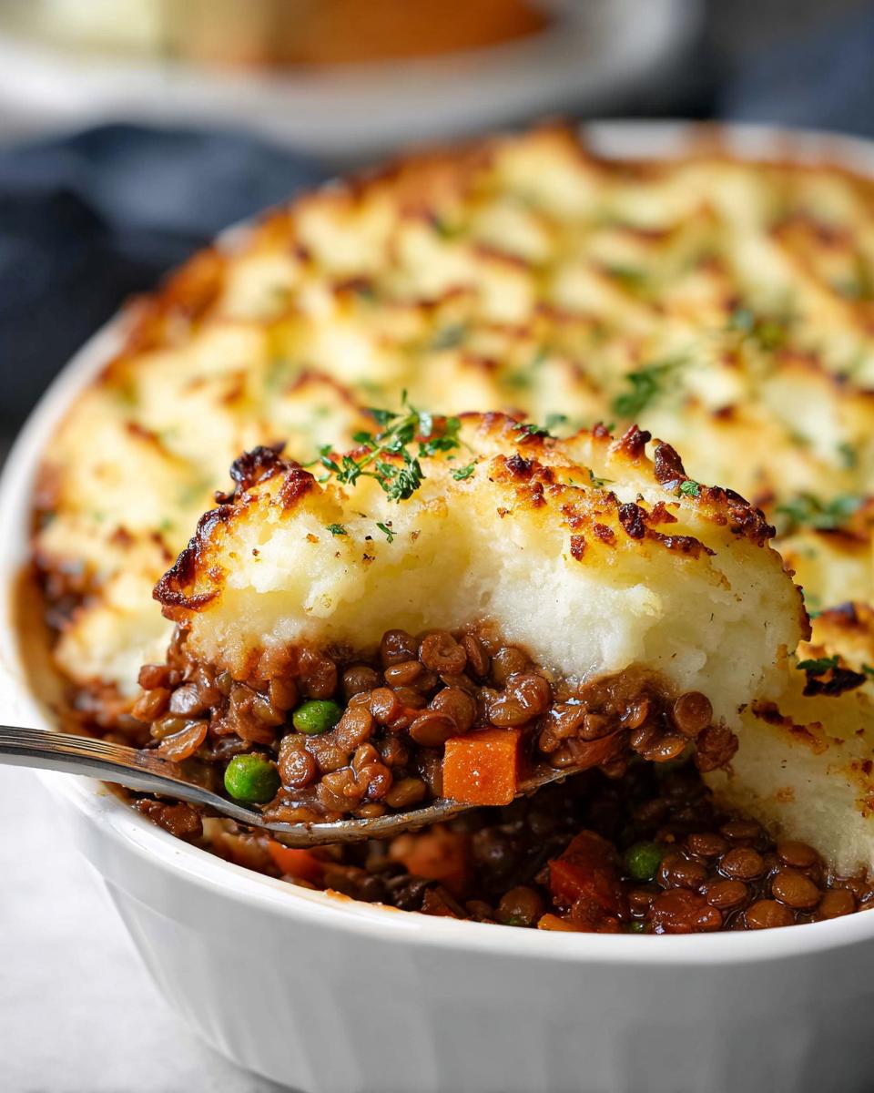 Ein Löffel hebt eine Portion Vegetarischer Shepherd’s Pie mit Linsen und goldbraunem Kartoffel-Topping hervor.