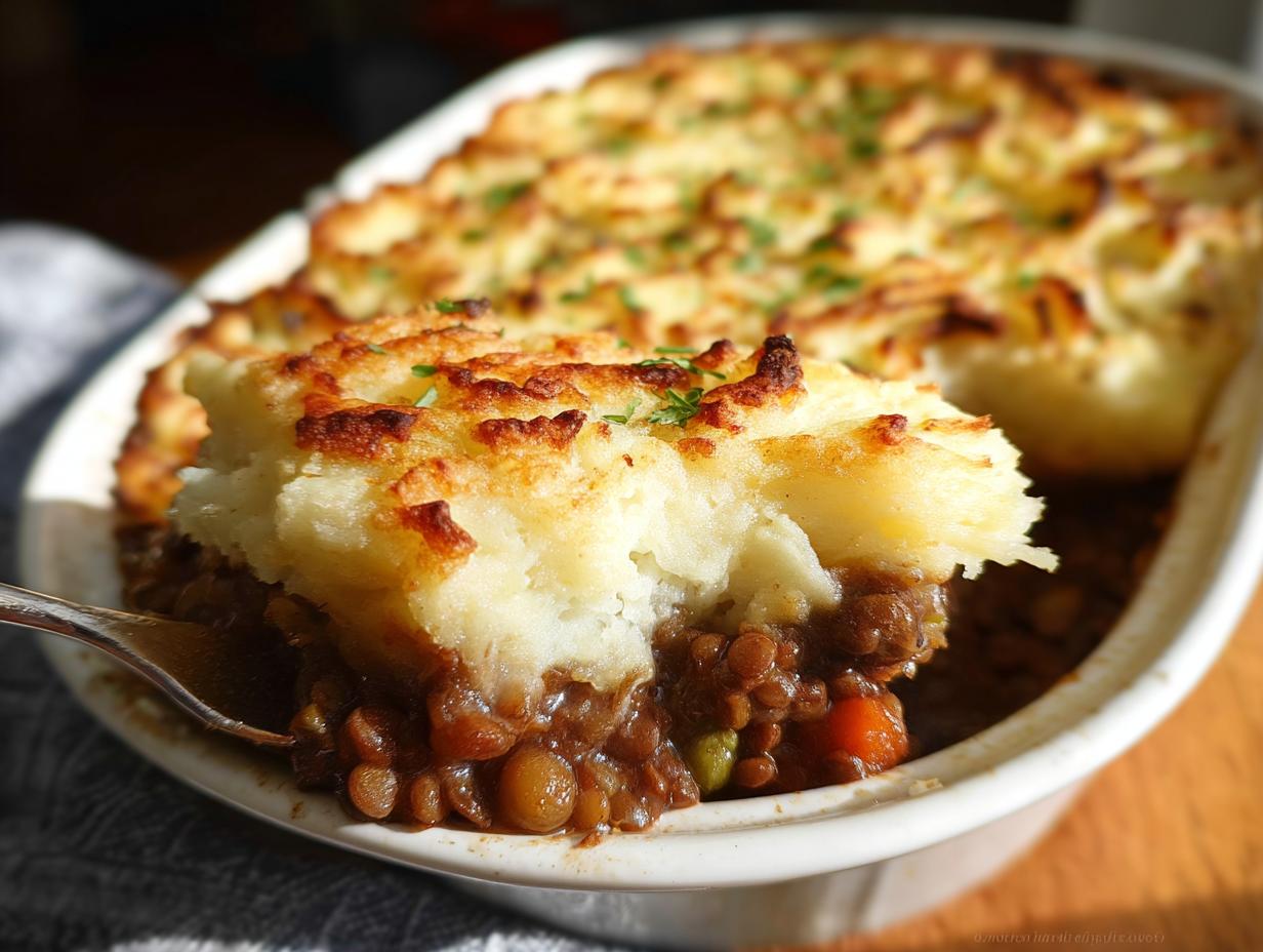 Eine Gabel hebt eine Portion Vegetarischer Shepherd’s Pie mit Linsen aus einer Auflaufform, mit goldbrauner Kartoffelhaube.