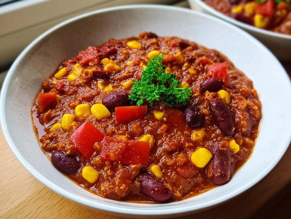 Nahaufnahme von würzigem Vegetarisches Chili sin Carne mit Kidneybohnen, Mais und Paprika, garniert mit Petersilie.