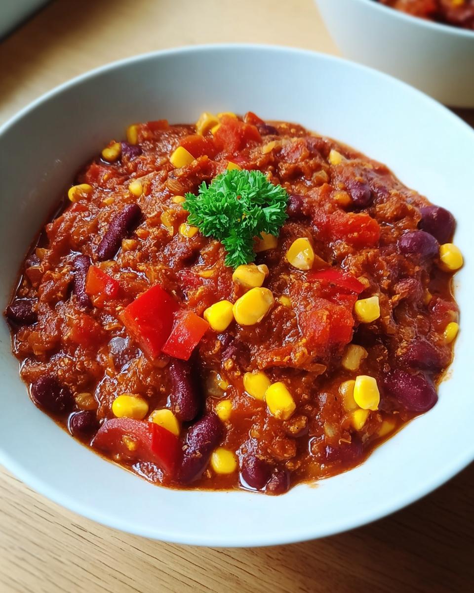 Nahaufnahme von würzigem Vegetarisches Chili sin Carne mit Bohnen, Mais und Paprika, garniert mit Petersilie.