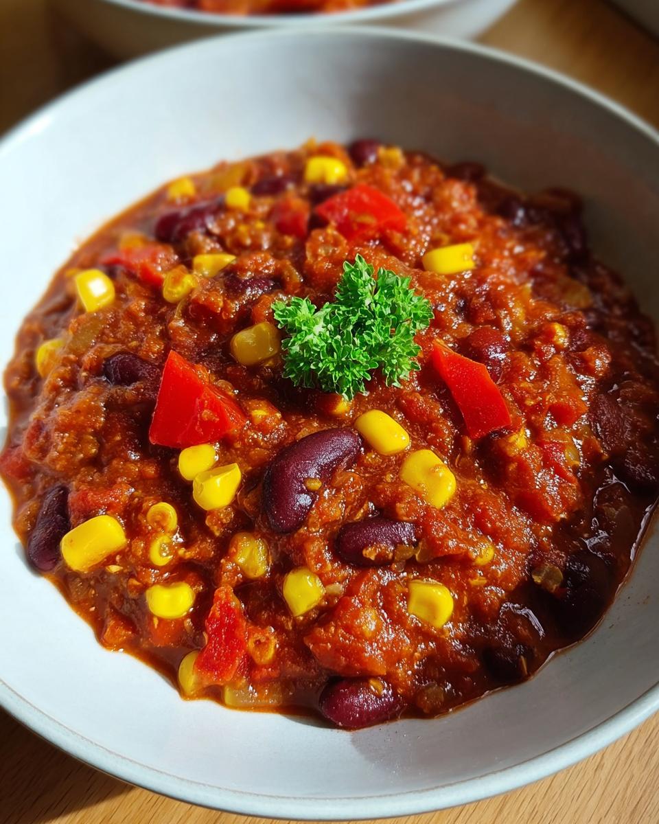 Nahaufnahme eines reichhaltigen Vegetarisches Chili sin Carne mit Kidneybohnen, Mais und Paprika, garniert mit Petersilie.