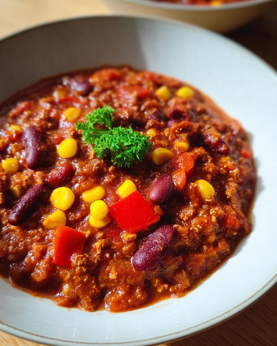 Nahaufnahme von würzigem Vegetarisches Chili sin Carne mit Kidneybohnen, Mais und Paprika.