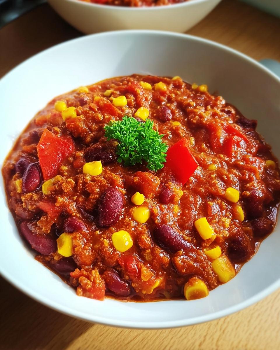 Nahaufnahme von würzigem Vegetarisches Chili sin Carne mit Kidneybohnen, Mais und Petersilie.