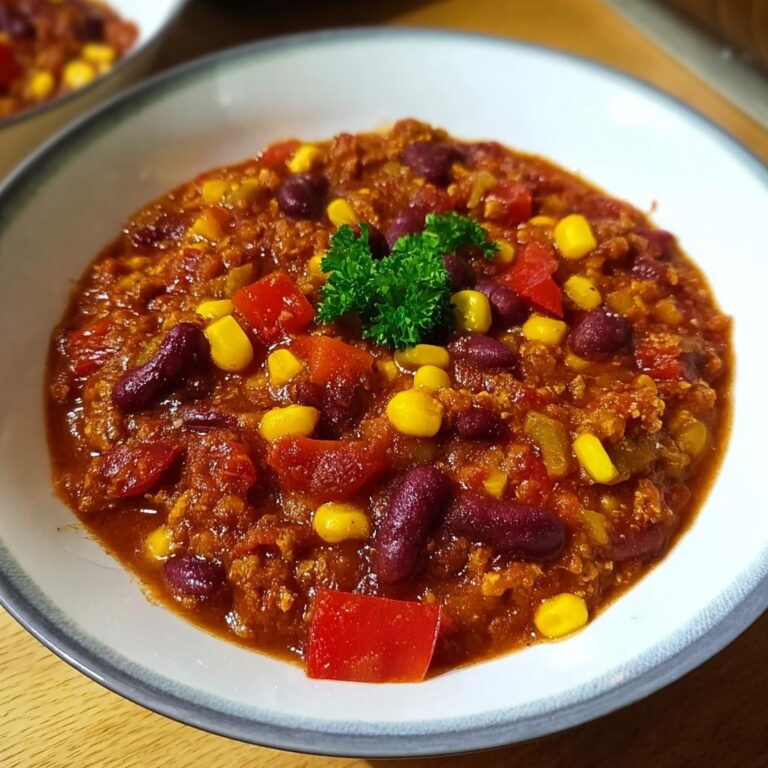 Nahaufnahme von würzigem Vegetarisches Chili sin Carne mit Kidneybohnen, Mais und Paprika, garniert mit Petersilie.