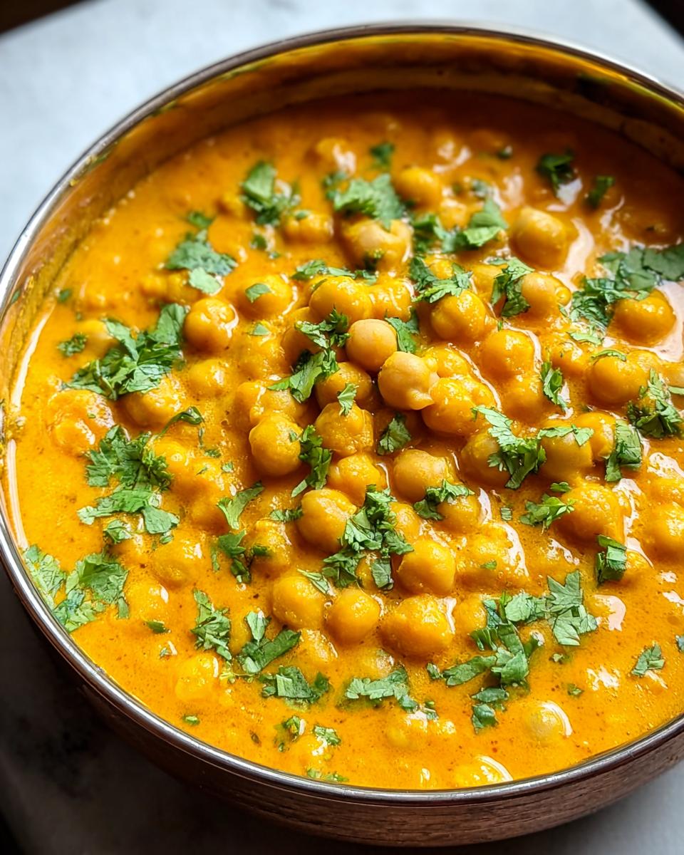 Nahaufnahme eines cremigen, orangefarbenen Vegetarisches Kichererbsen-Curry, garniert mit frischem Koriander.