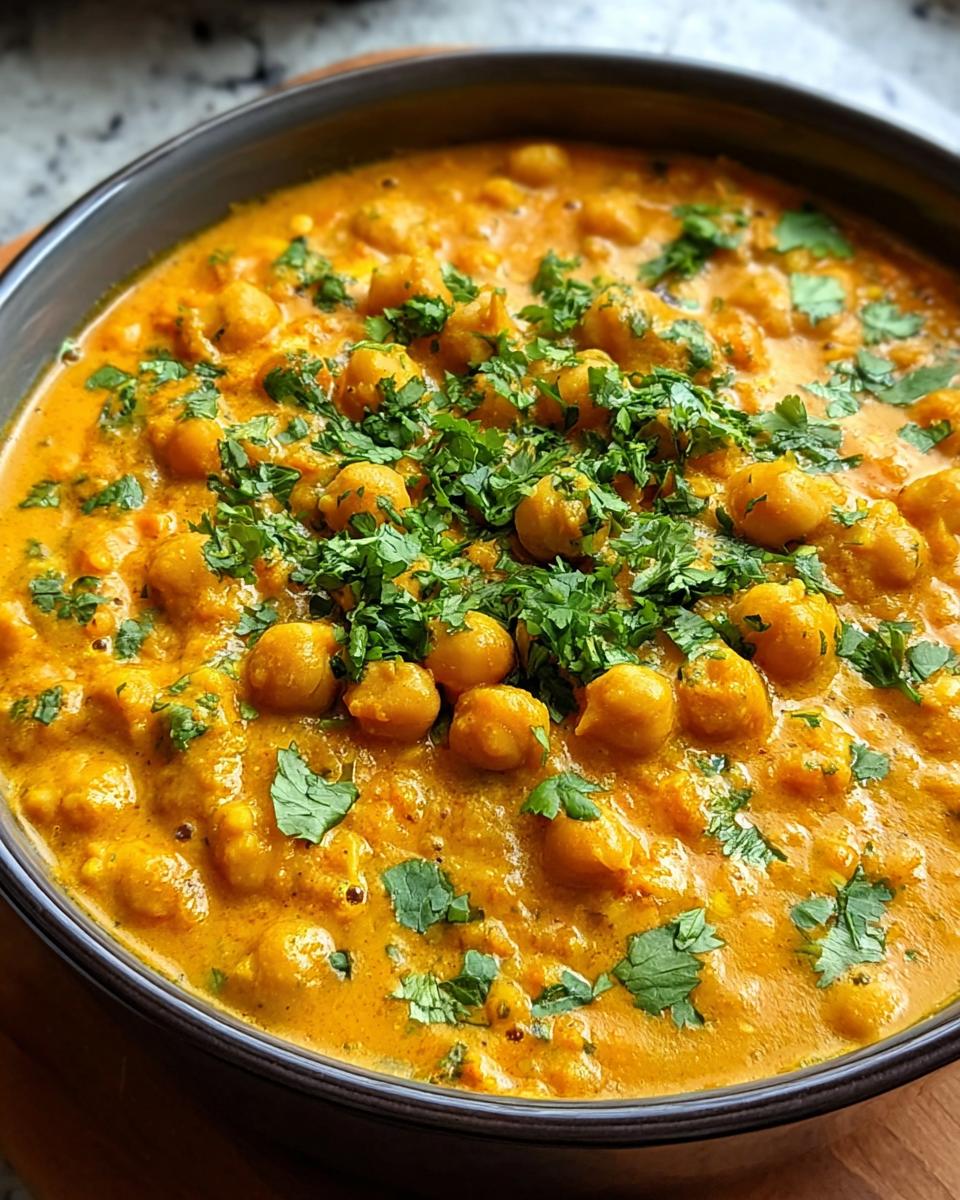 Nahaufnahme eines cremigen, orangefarbenen Vegetarisches Kichererbsen-Curry, garniert mit frischem, gehacktem Koriander.
