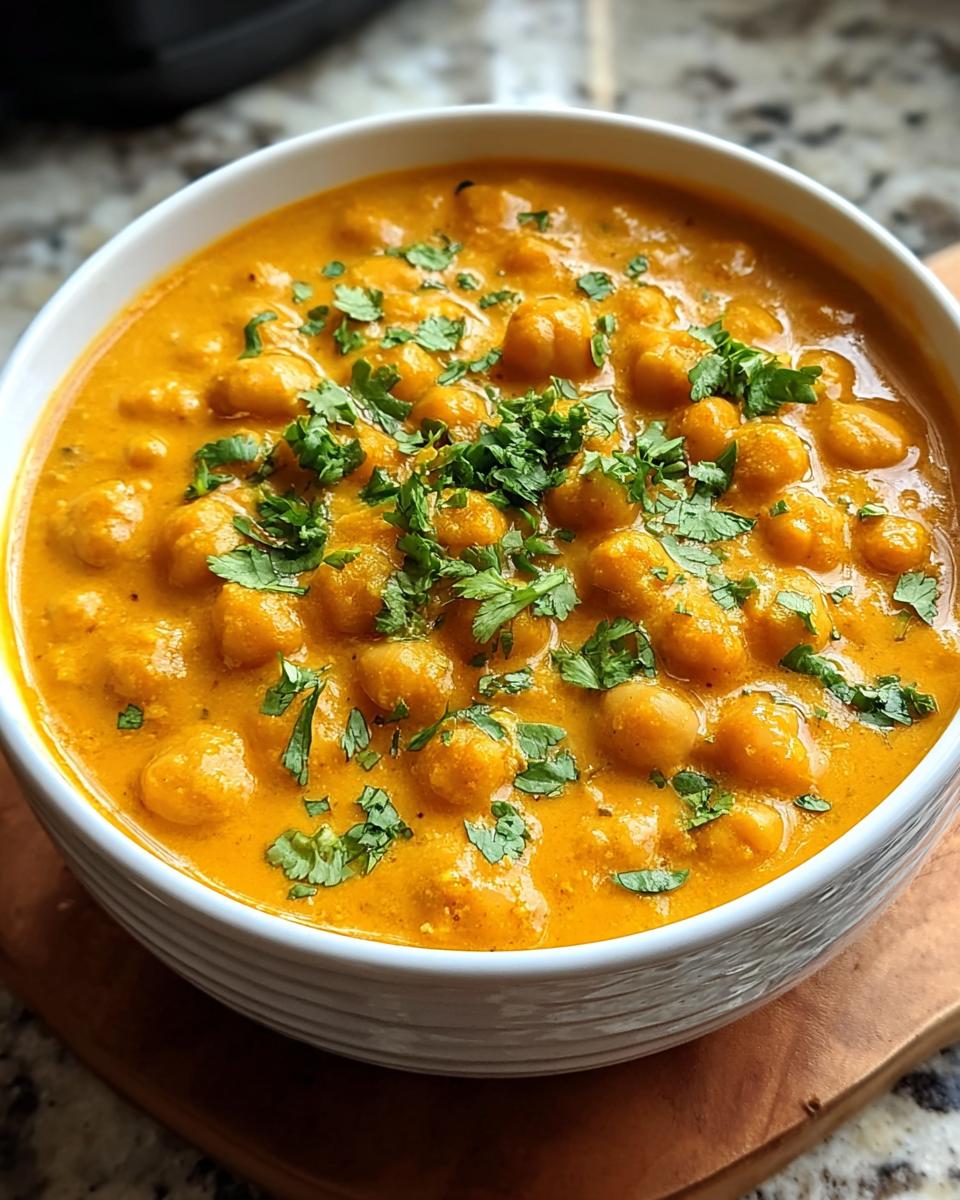 Nahaufnahme eines cremigen, orangefarbenen Vegetarisches Kichererbsen-Curry, garniert mit frischem Koriander.