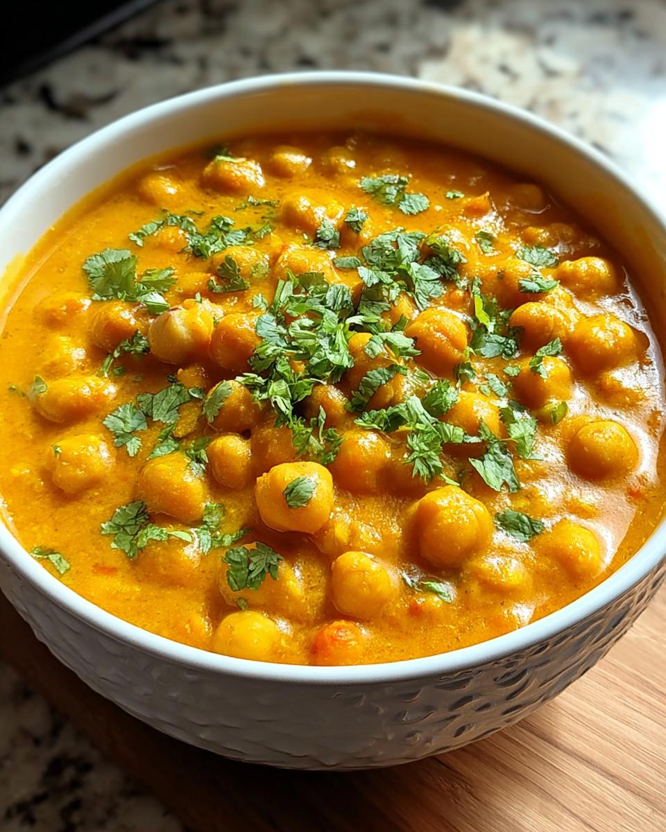 Nahaufnahme eines cremigen, orangefarbenen Vegetarisches Kichererbsen-Curry, garniert mit frischem Koriander.