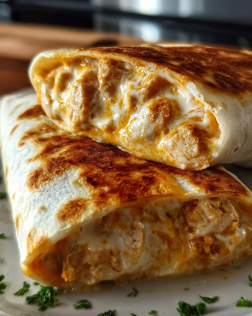 Nahaufnahme von zwei angeschnittenen Wrap-Röllchen überbacken, die mit einer cremigen, käseartigen Füllung und Fleischstücken gefüllt sind.