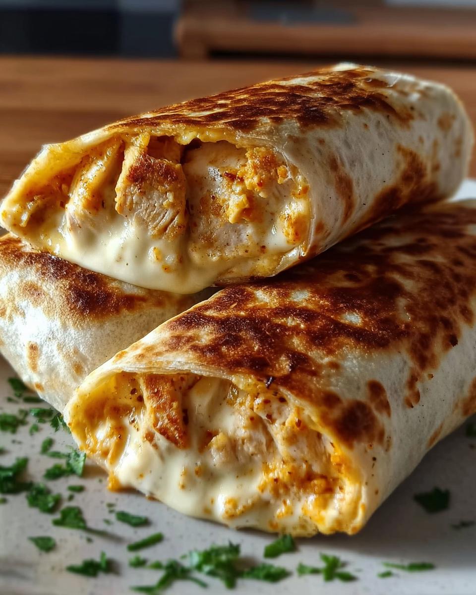 Zwei überbackene Wrap-Röllchen, gefüllt mit Hähnchen und viel geschmolzenem Käse, bereit zum Verzehr.
