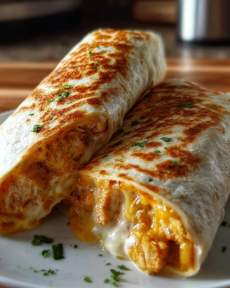 Zwei goldbraun gebackene Wrap-Röllchen überbacken, gefüllt mit würzigem Fleisch und geschmolzenem Käse.
