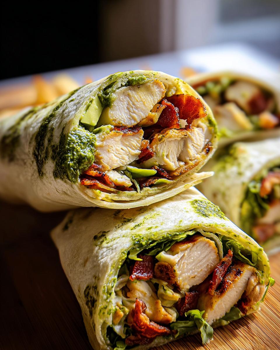 Nahaufnahme von angeschnittenen Wraps mit Hähnchen, Speck, Avocado und grünem Pesto, perfekt für Wraps mit Hähnchen, Avocado & Joghurt-Dressing.