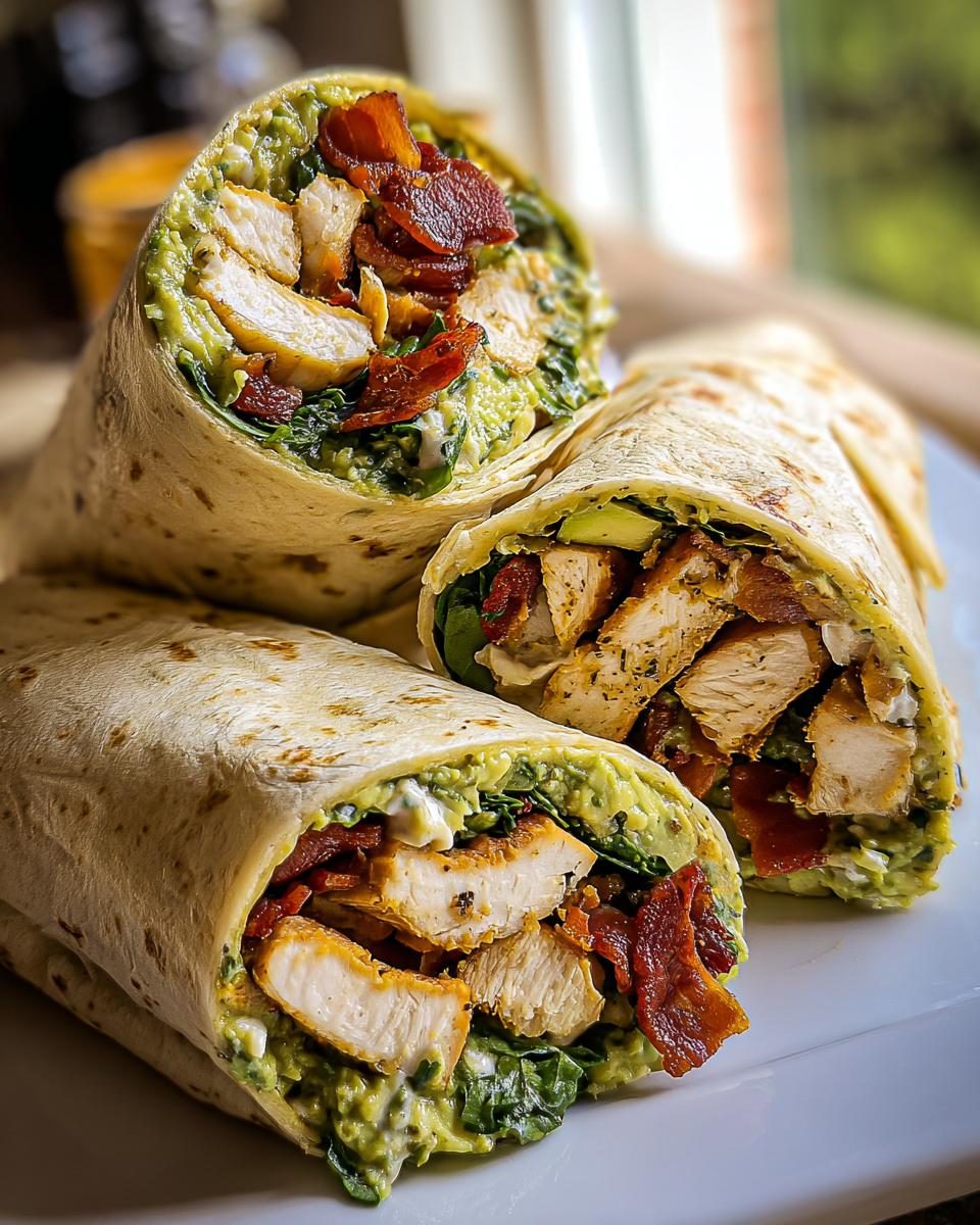 Drei aufgeschnittene Wraps mit Hähnchen, Avocado-Creme und knusprigem Speck, die die Füllung der Wraps mit Hähnchen, Avocado & Joghurt-Dressing zeigen.