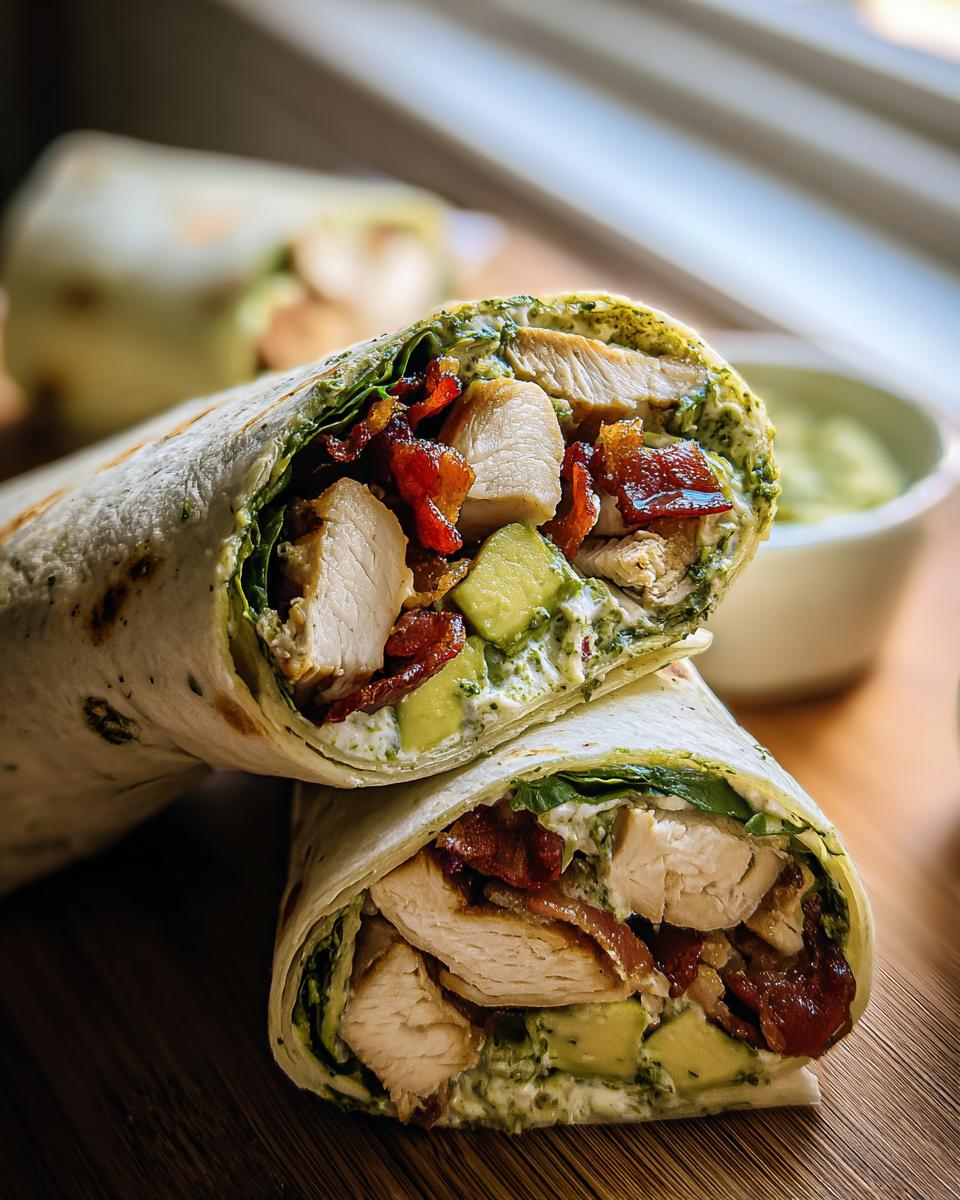 Nahaufnahme von zwei Hälften Wraps mit Hähnchen, Avocado, Speck und grünem Joghurt-Dressing.