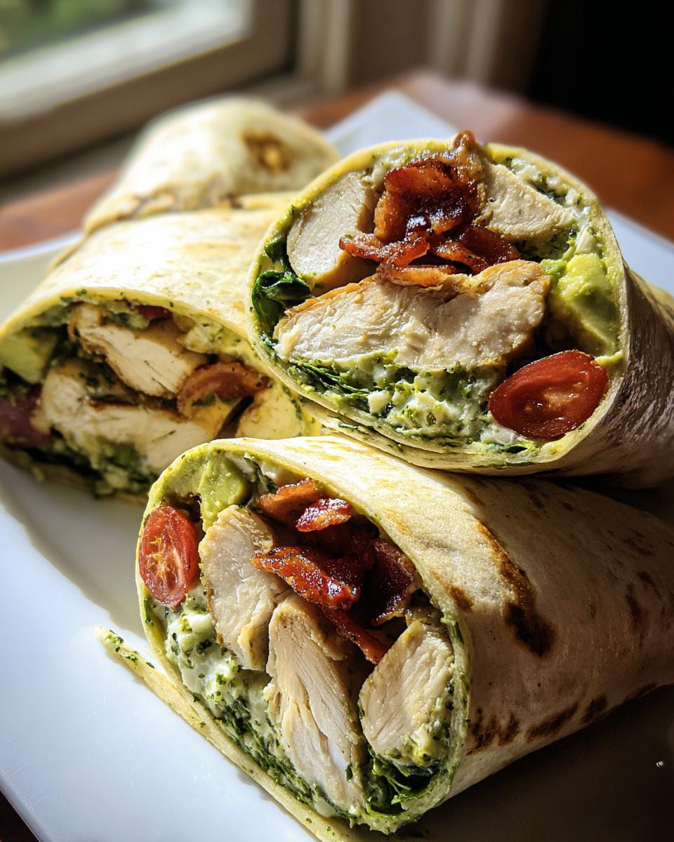 Nahaufnahme von durchgeschnittenen Wraps mit Hähnchen, Avocado, Speck und Joghurt-Dressing.