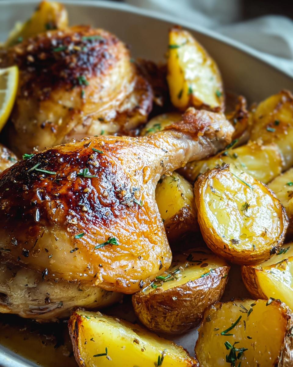 Nahaufnahme von saftigem Zitronen-Kräuter-Hähnchen mit gerösteten Kartoffeln, bestreut mit Kräutern.