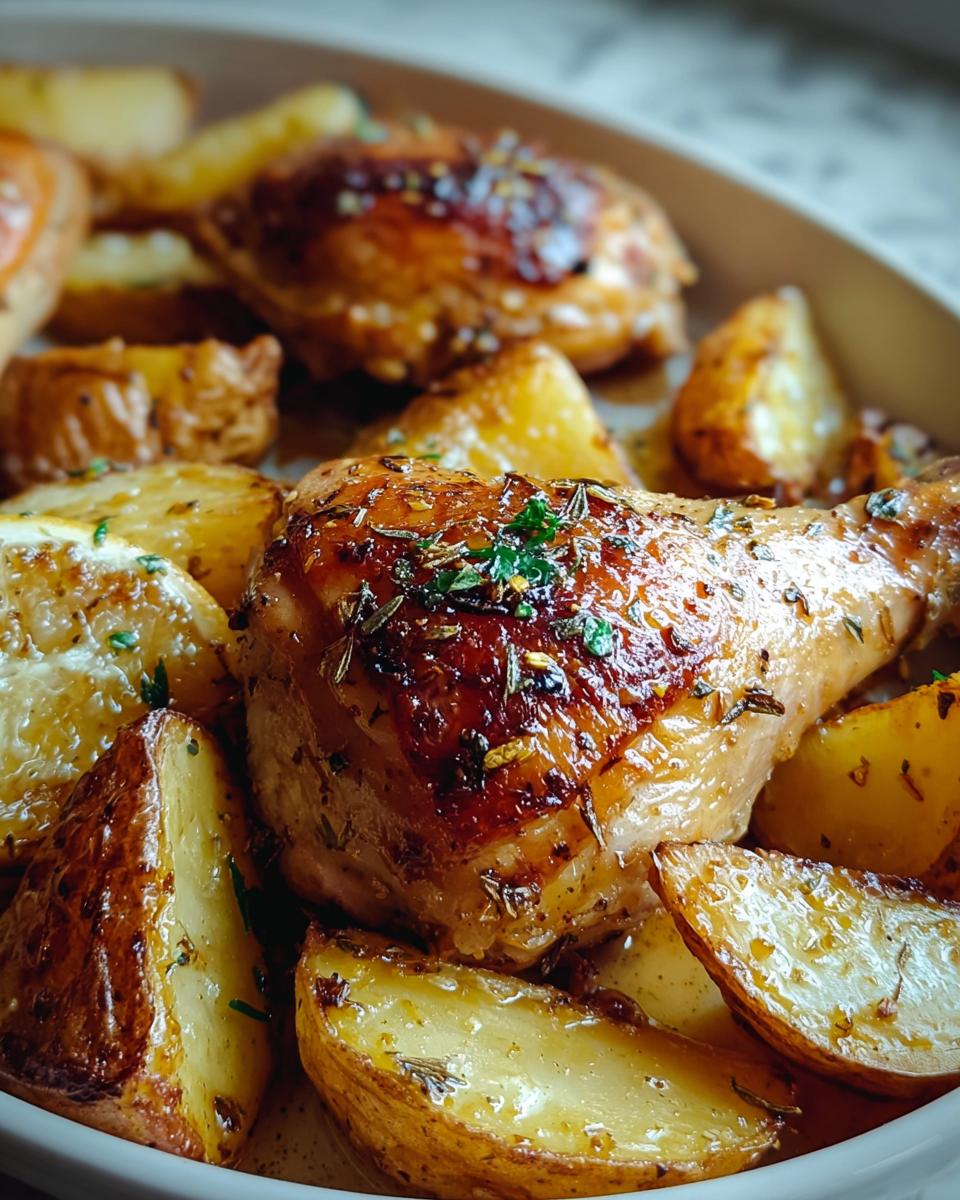 Goldbraun gebratenes Zitronen-Kräuter-Hähnchen mit knusprigen Bratkartoffeln.