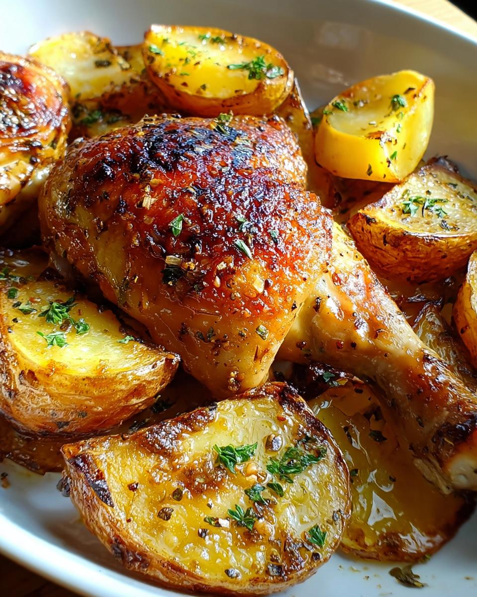 Nahaufnahme von saftigem Zitronen-Kräuter-Hähnchen mit goldbraunen, gerösteten Kartoffeln.