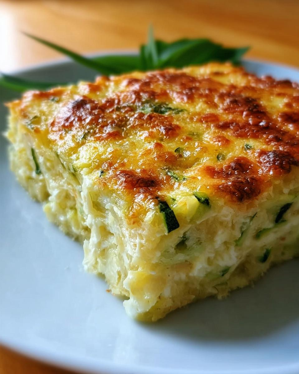 Ein Stück cremiger Zucchini-Nudelauflauf mit Käse, goldbraun überbacken, auf einem weißen Teller.