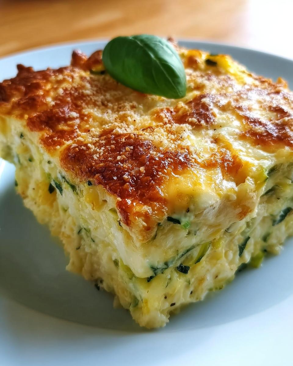 Ein goldbraun überbackenes Stück Zucchini-Nudelauflauf mit Käse, garniert mit einem Basilikumblatt.