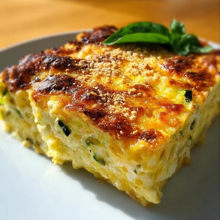 Ein goldbraun überbackenes Stück Zucchini-Nudelauflauf mit Käse, garniert mit Basilikum.